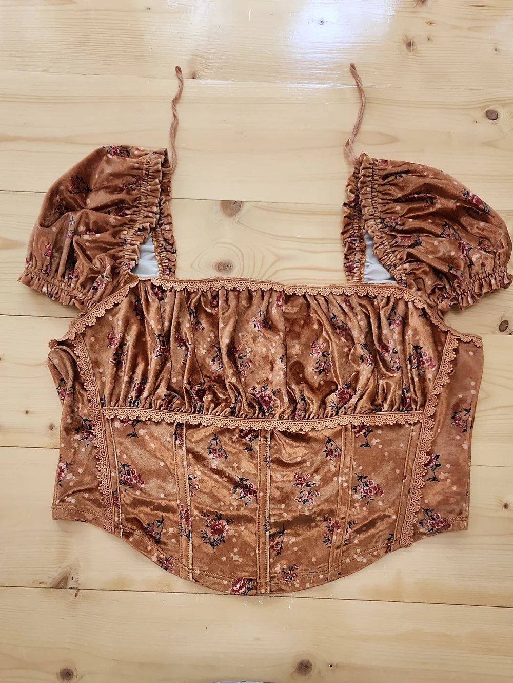 Free People Velvet Floral Milkmaid Corset Crop Top Honey Bronze L EUC